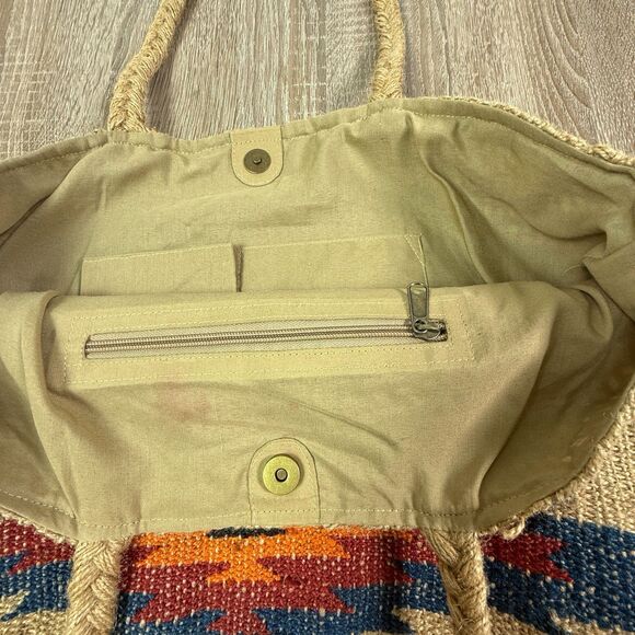 Chloe & Lex Jute Tote Bag Aztec Southwestern Pattern 19 x 19" Snap Closure Boho - Picture 9 of 14